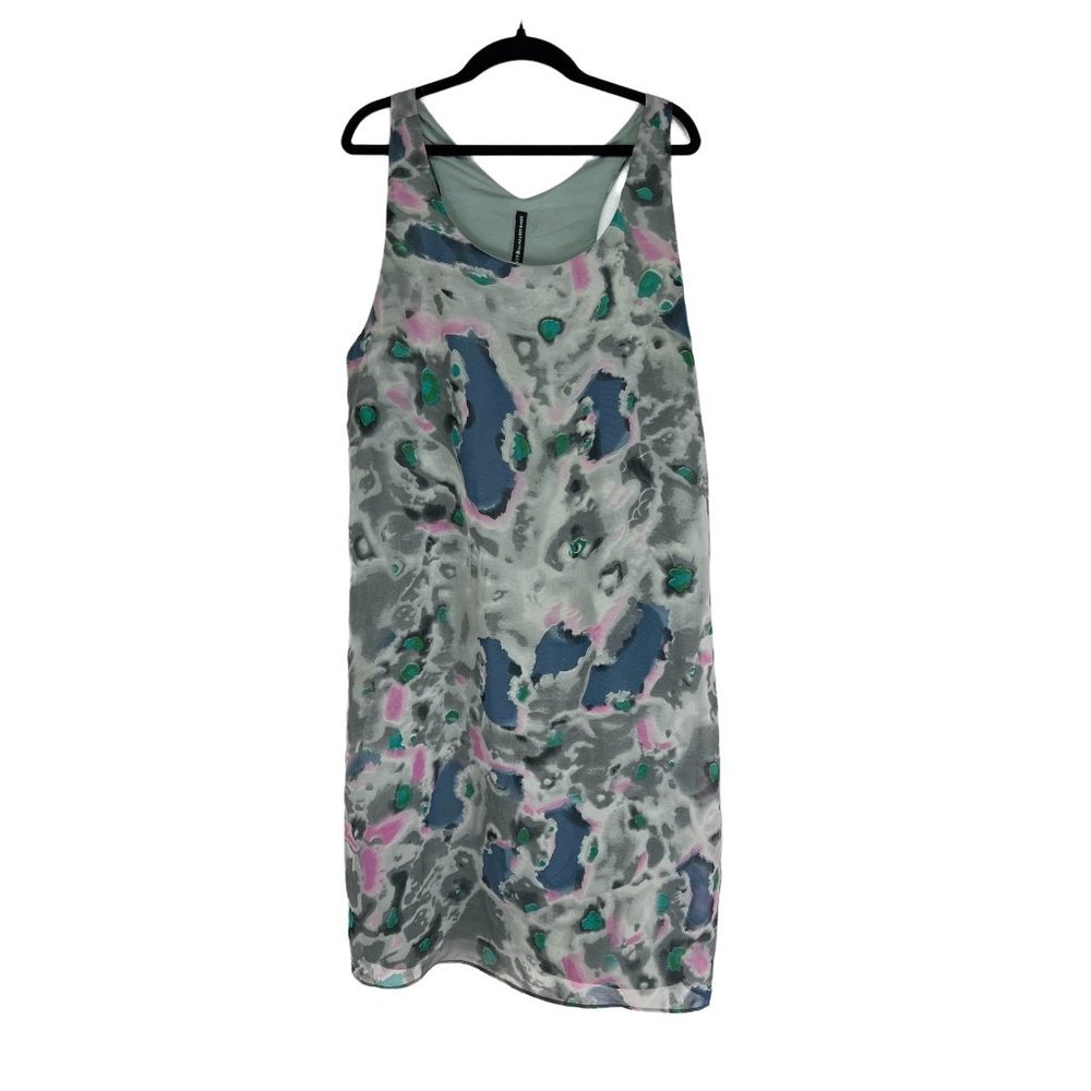 W118 Walter Baker Geometric Sheath Dress Sleeveless Scoop Neck Teal Pink Size L